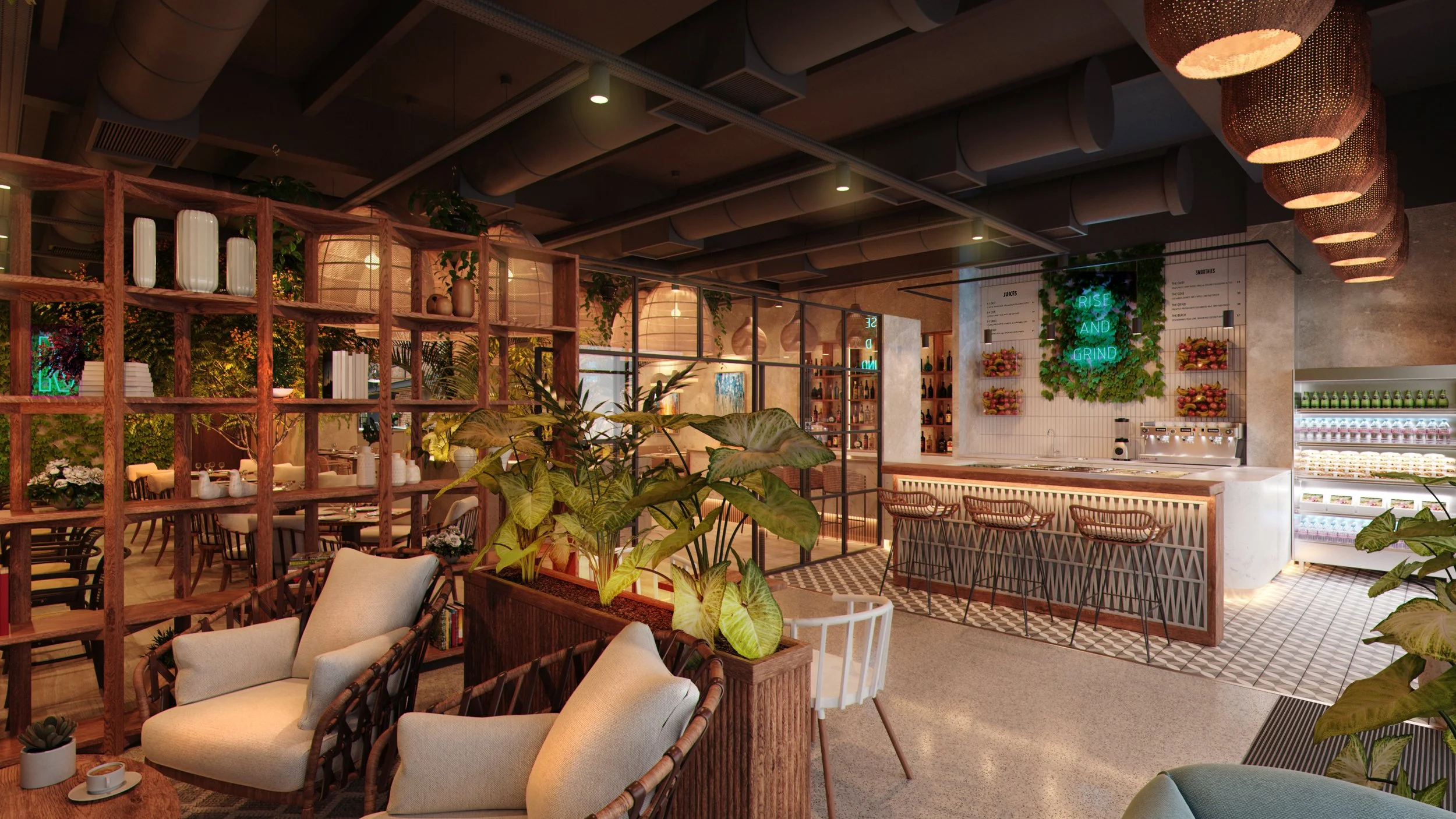 Warm café interior with seating and plants